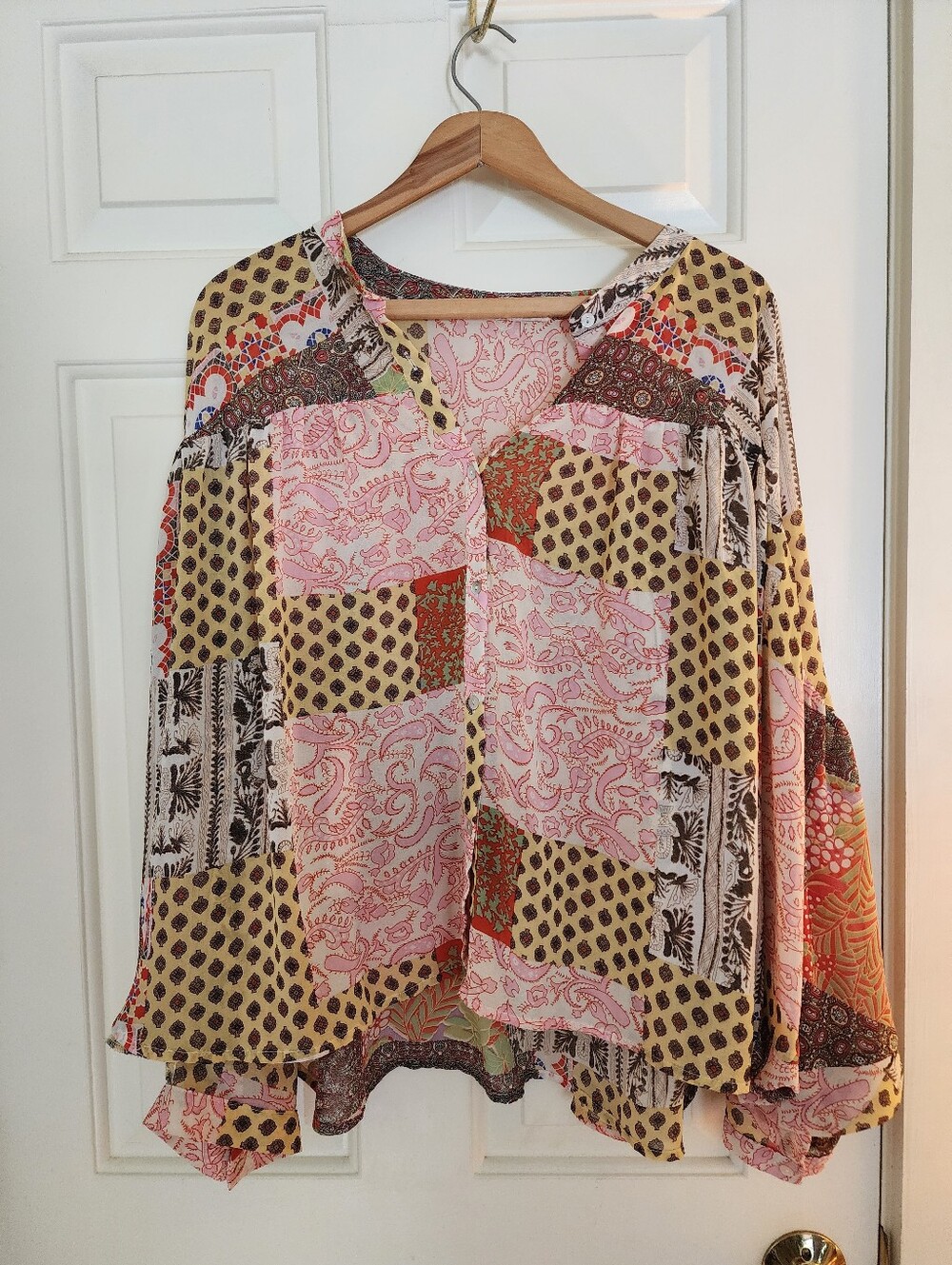 Eesome Patchwork Button Blouse Flowy Bohemian Pink Size L Festival Whimsy - Picture 1 of 8